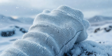 Close-up of pure technical merino wool base layer knit fabric in cold climate