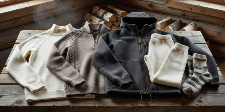 Fine natural Merino wool thermal knit garments laid out for Arctic layering system