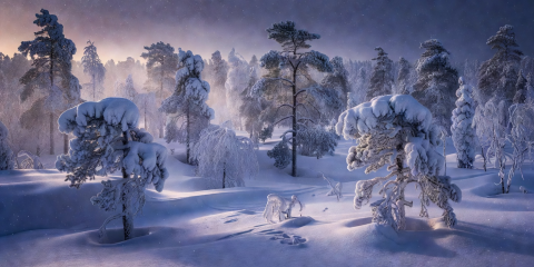Finnish Lapland snow-covered pine wilderness during polar winter frost