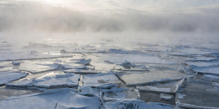 Freezing coastal Baltic Sea pack ice and cold fog off the Helsinki coast