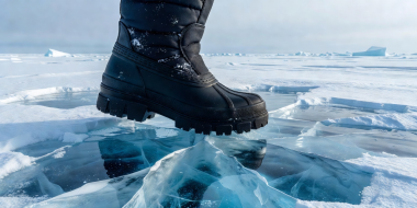Heavy-duty winter snow boot with deep rubber traction lugs on Arctic ice