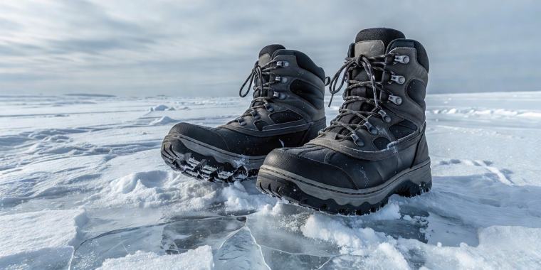 Heavy-duty winter snow boots equipped with lugged rubber soles resting on sub-zero packed ice