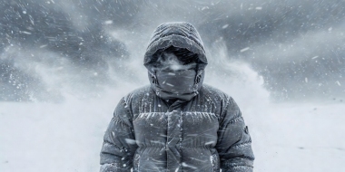 Heavy insulated arctic down parka with deep storm hood in sub-zero snow blizzard