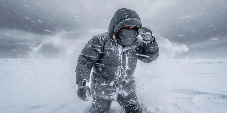 Sub-zero arctic down expedition parka with thermal storm hood tested in blowing snow