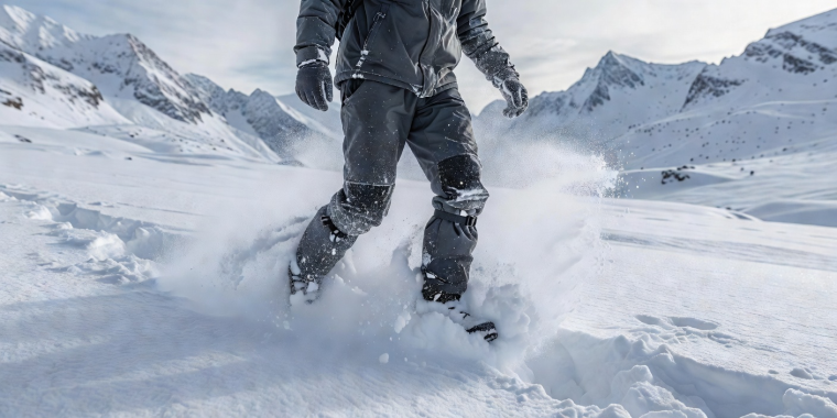 Trekker wading through deep snow powder wearing waterproof snow trousers and gaiters