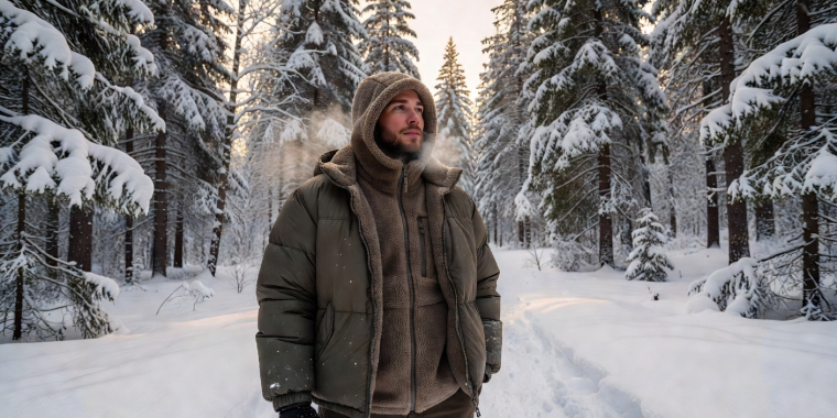 Warm technical mid-layer shearling and fleece insulated jacket worn in snowy forest environment