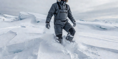 Waterproof insulated snow bib trousers navigating deep Arctic snowdrifts