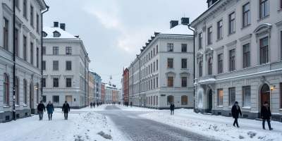Winter city street view of Aleksanterinkatu Helsinki with snow and classic Nordic architecture